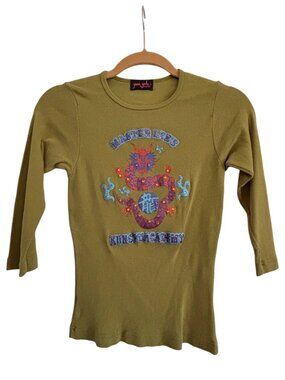 Joomi Joolz, Green  3/4 sleeve green top with glitter art a dragon, y2k fashion